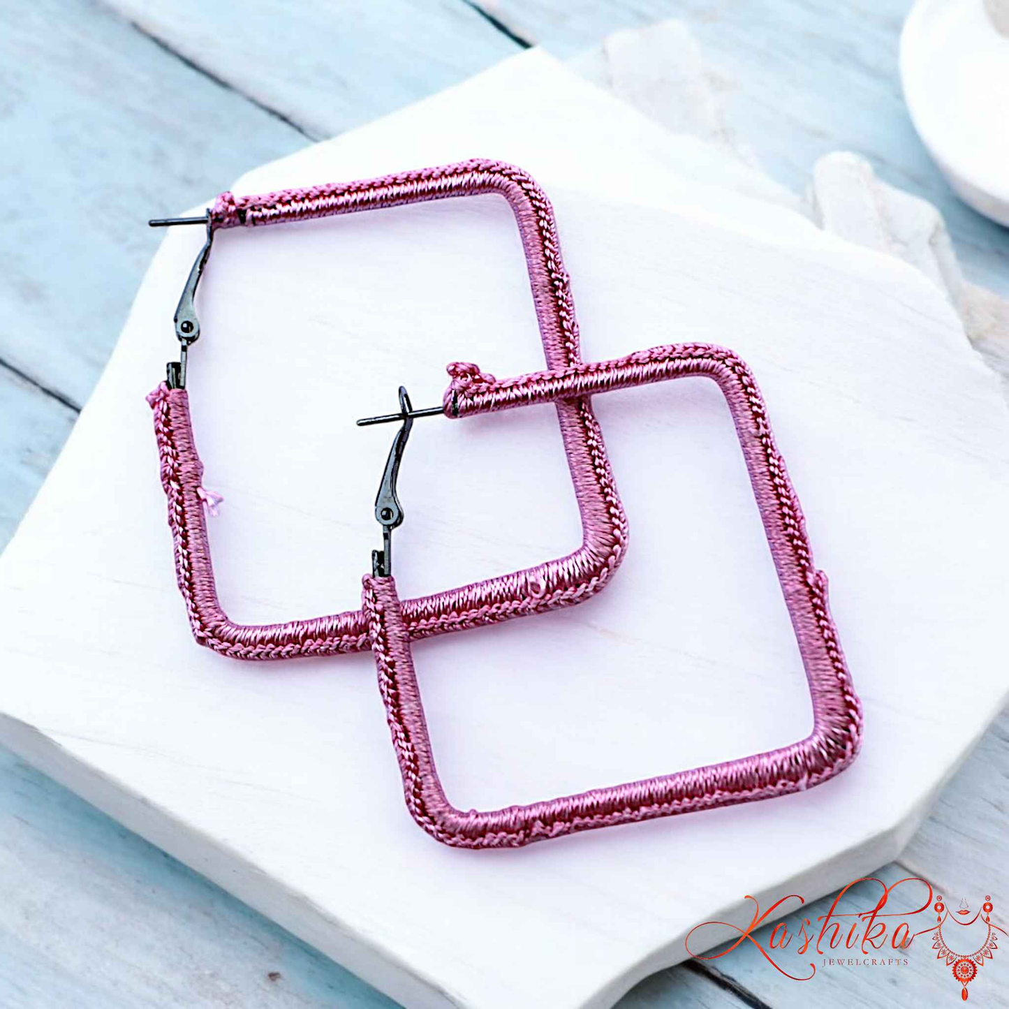 Soft Rose Square Crochet Earrings - Kashika JewelCrafts