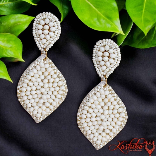 Elegant White Beaded Dangle Earrings – Handmade Statement Jewelry for Timeless Glamour - Kashika JewelCrafts