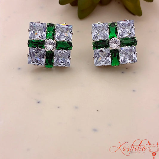 Crystal Square Stud Earrings | Elegant Silver-Tone Statement Studs