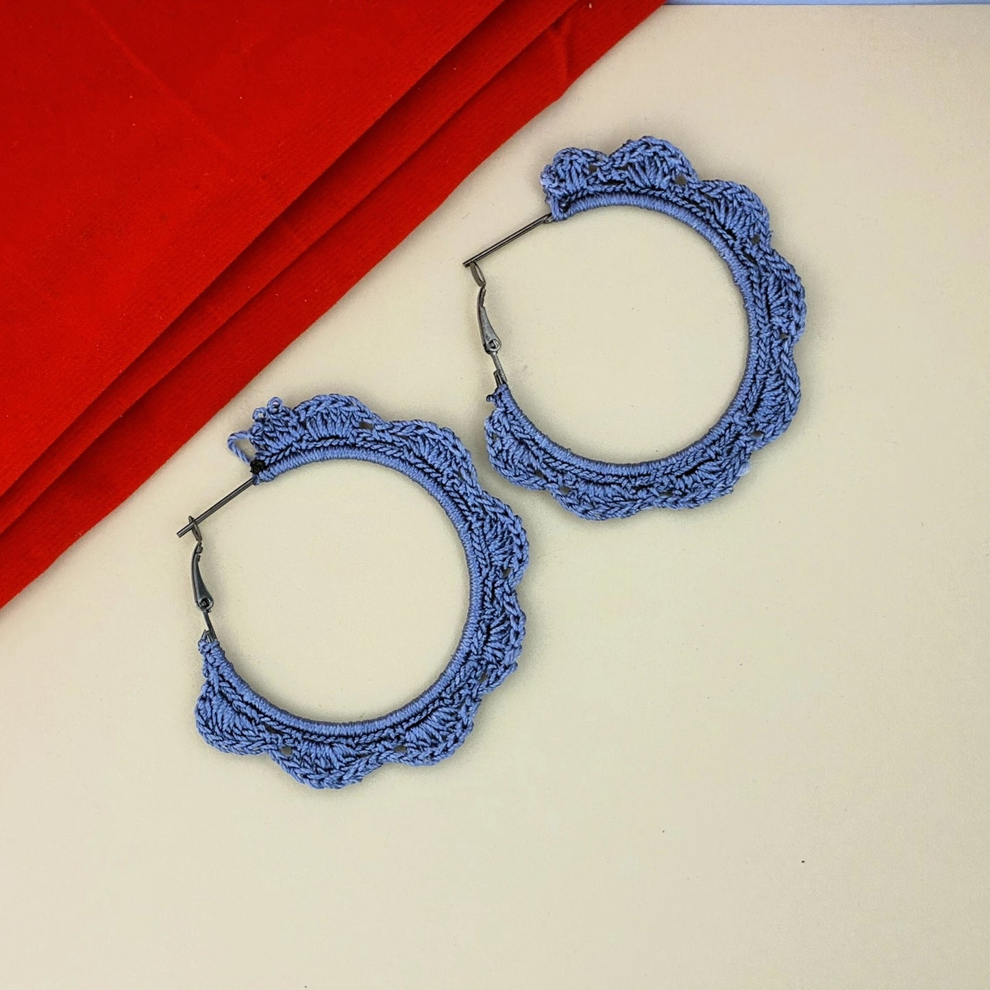 Denim blue handcrafted crochet hoop earrings statement size