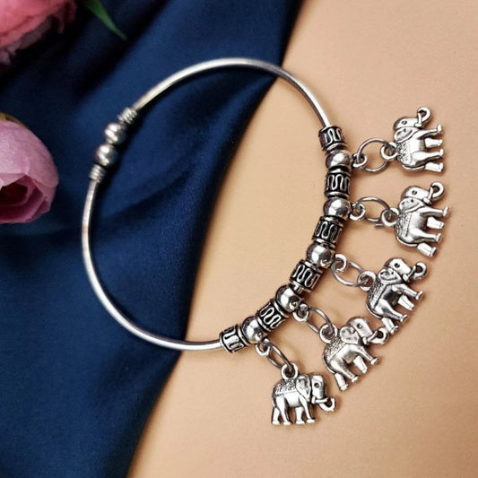 Vintage Oxidised Silver Elephant Charm Bracelet for Women | Boho Ethnic Kada