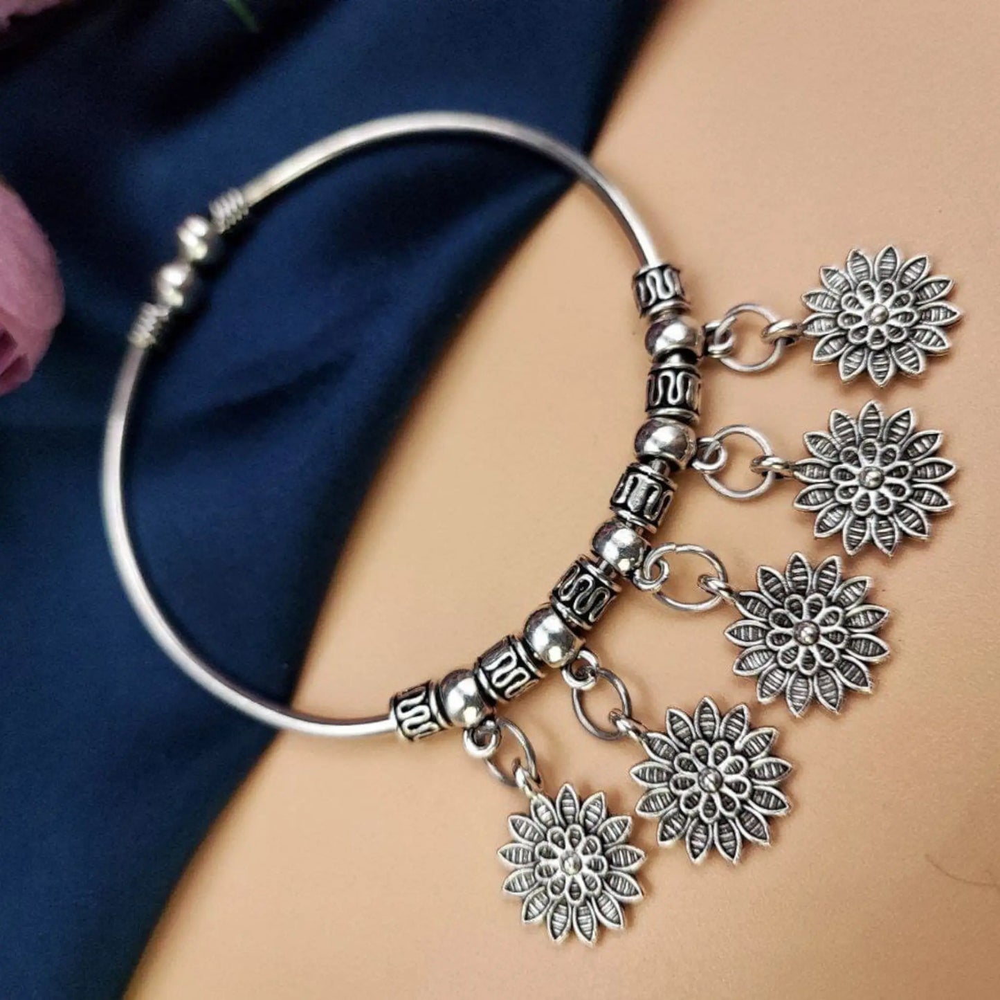 Oxidised Silver Floral Charm Bracelet for Women | Ethnic Kada