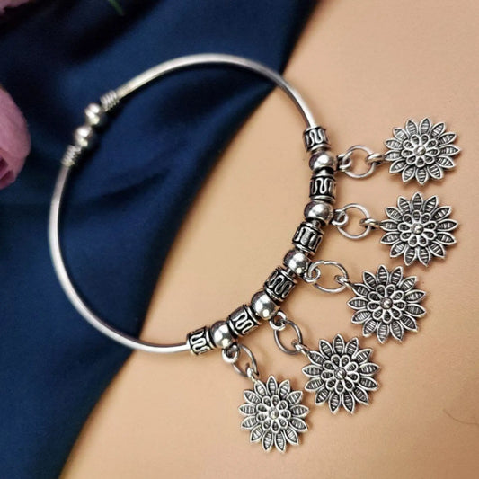 Oxidised Silver Floral Charm Bracelet for Women | Ethnic Kada