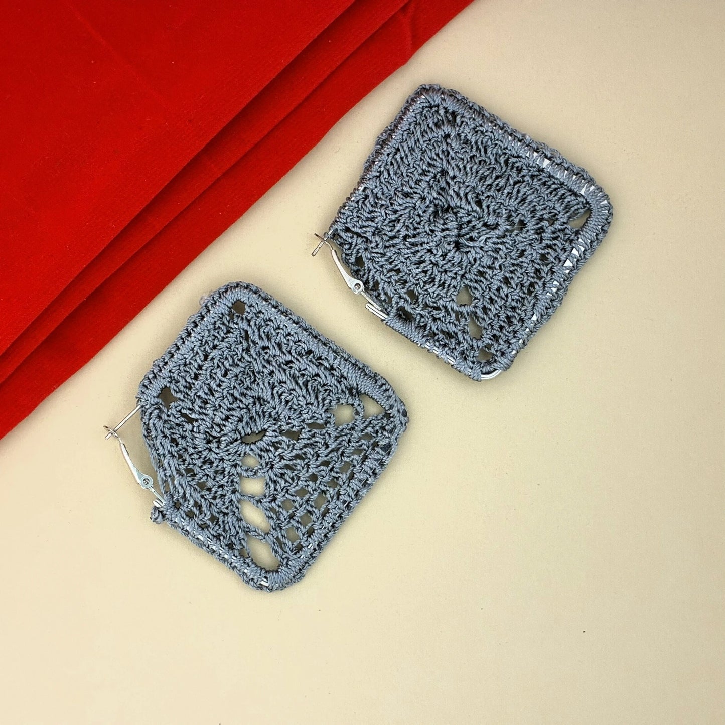 Grey Square Crochet Earrings – Handmade Lightweight Statement Jewellery