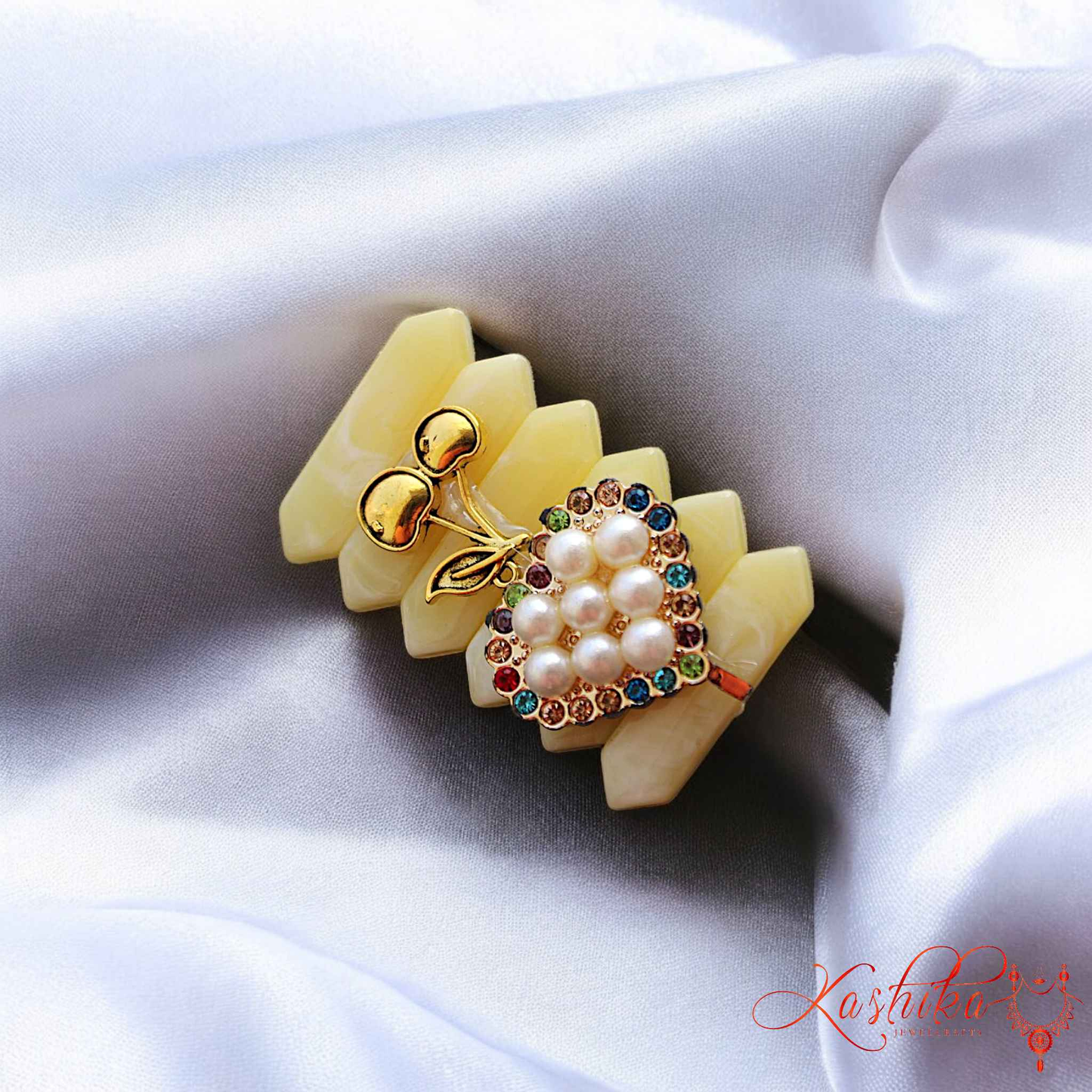 Elegant Yellow Pastel Saree Pin with Pearls & Stones – Stylish Ethnic Jewelry for Women - Kashika JewelCrafts