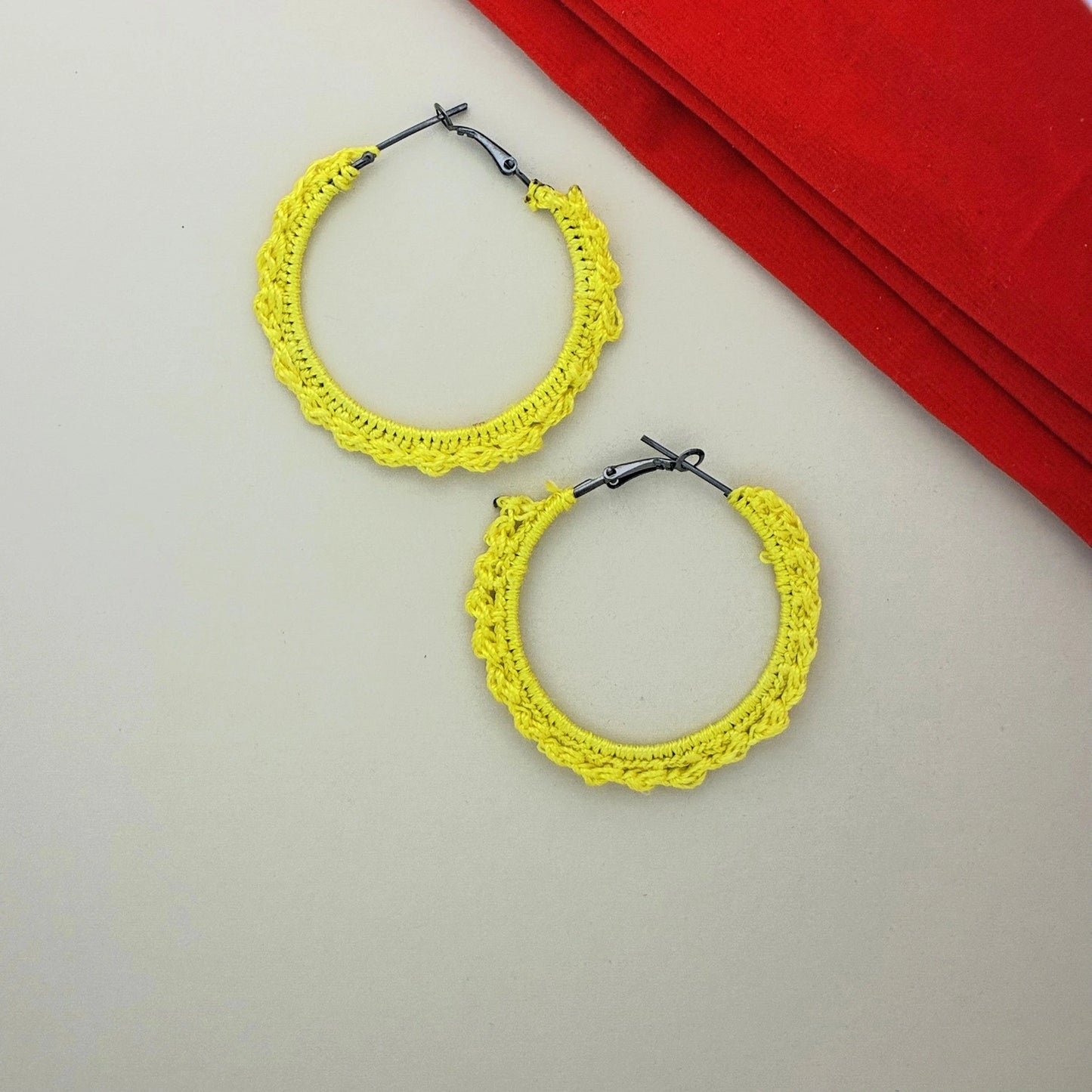 Handcrafted Yellow Crochet Hoop Earrings for Women | Lightweight Boho Jewellery