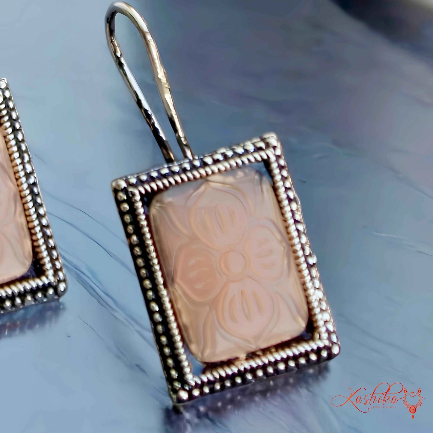 Oxidised Silver Peach Stone Earrings β Ethnic Dangler Design - Kashika JewelCrafts