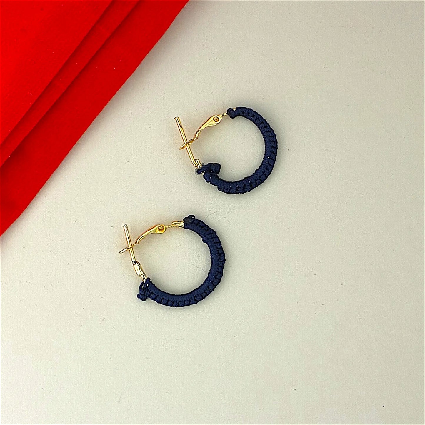Mini Navy Blue Crochet Hoop Earrings with Gold Finish | Lightweight Handmade Jewellery
