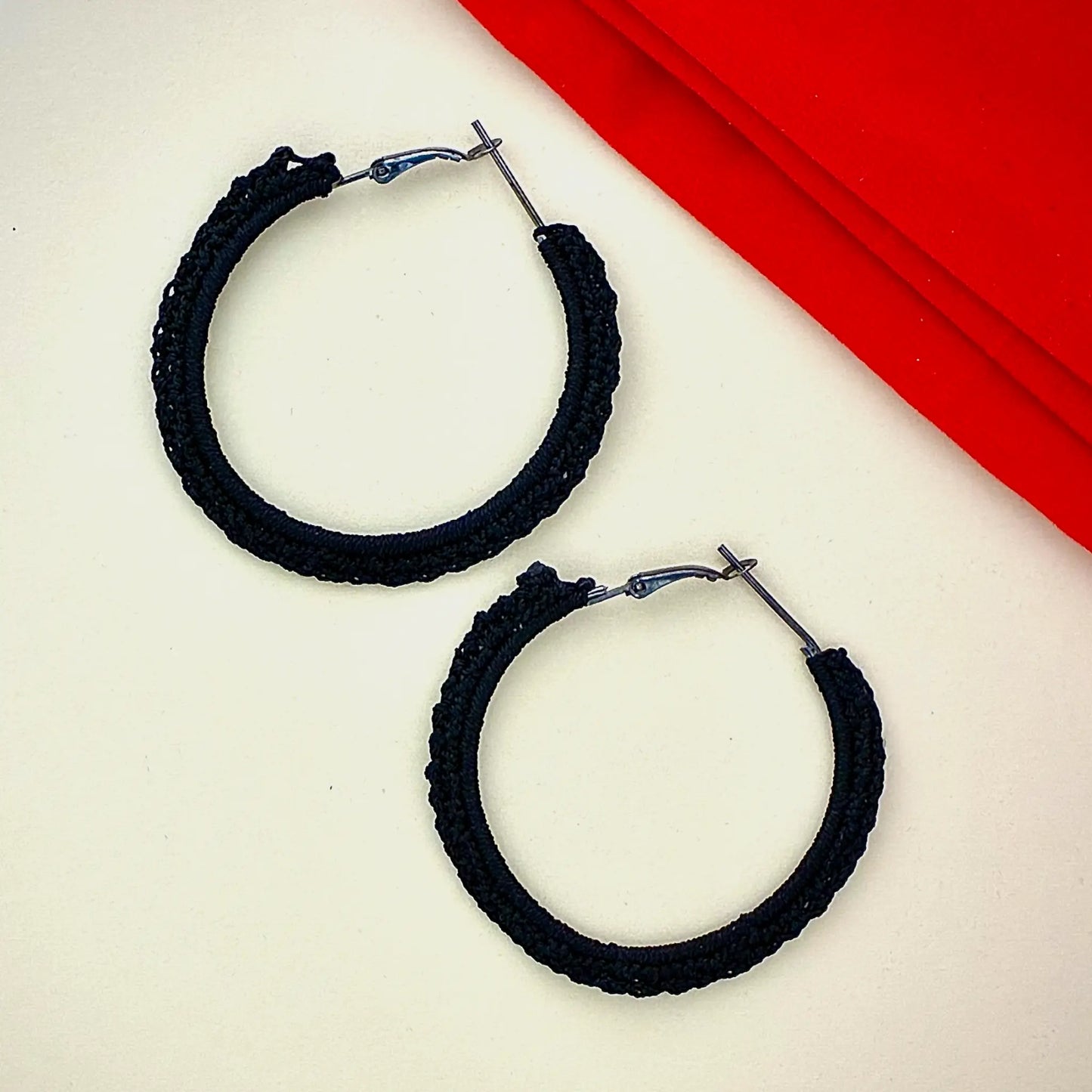 Handcrafted Black Crochet Hoop Earrings for Women | Lightweight Boho Jewellery