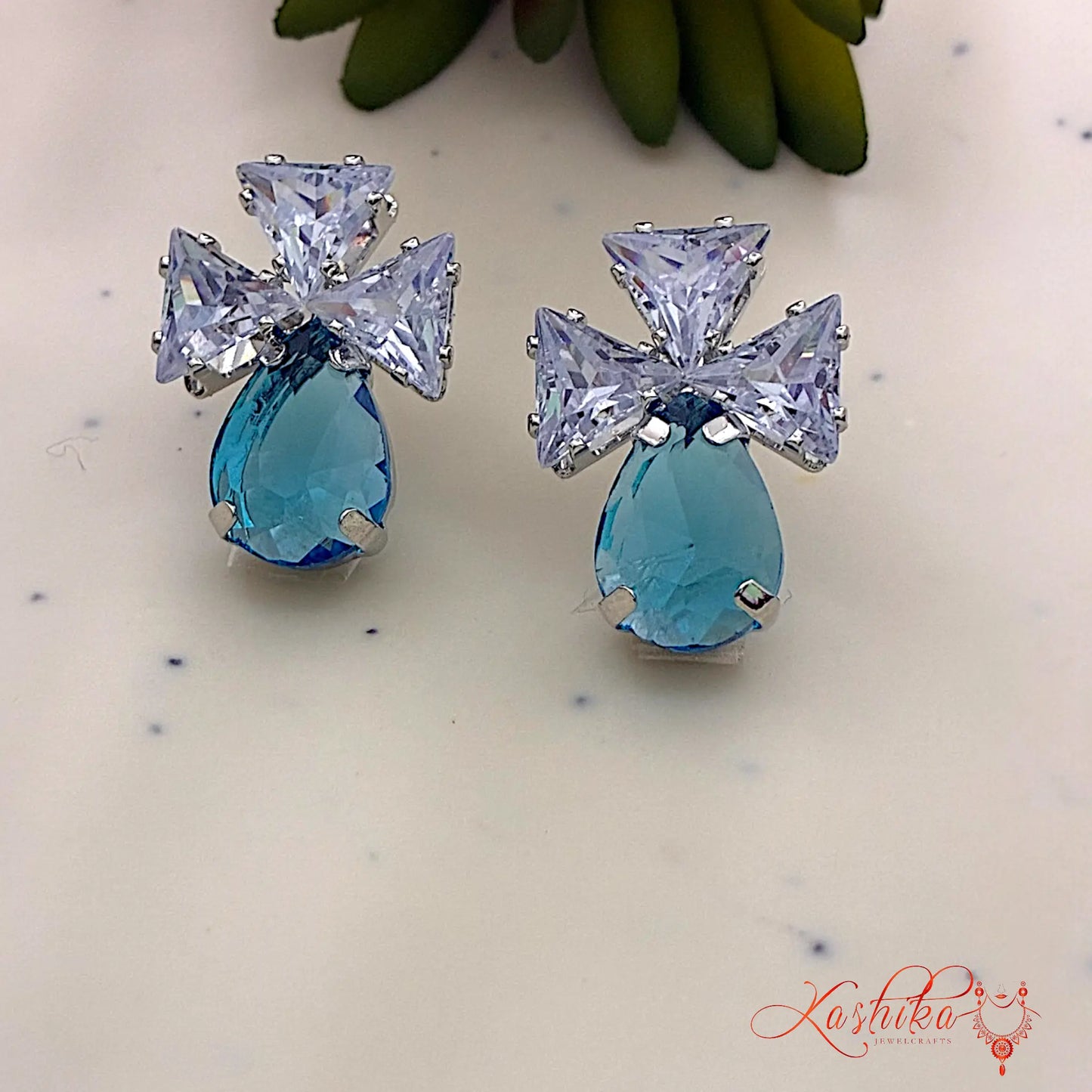 Drop Crystal Stud Earrings – Silver Finish