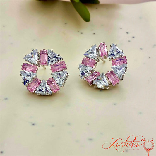 Crystal Circle Stud Earrings – Silver Finish