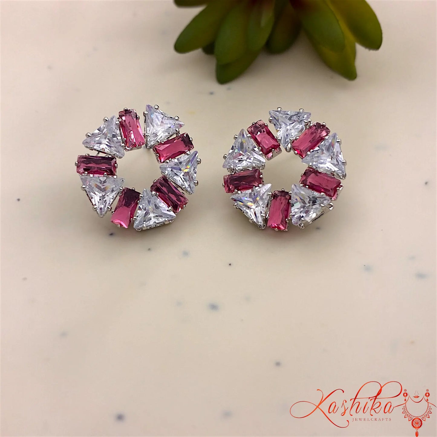 Crystal Circle Stud Earrings – Silver Finish