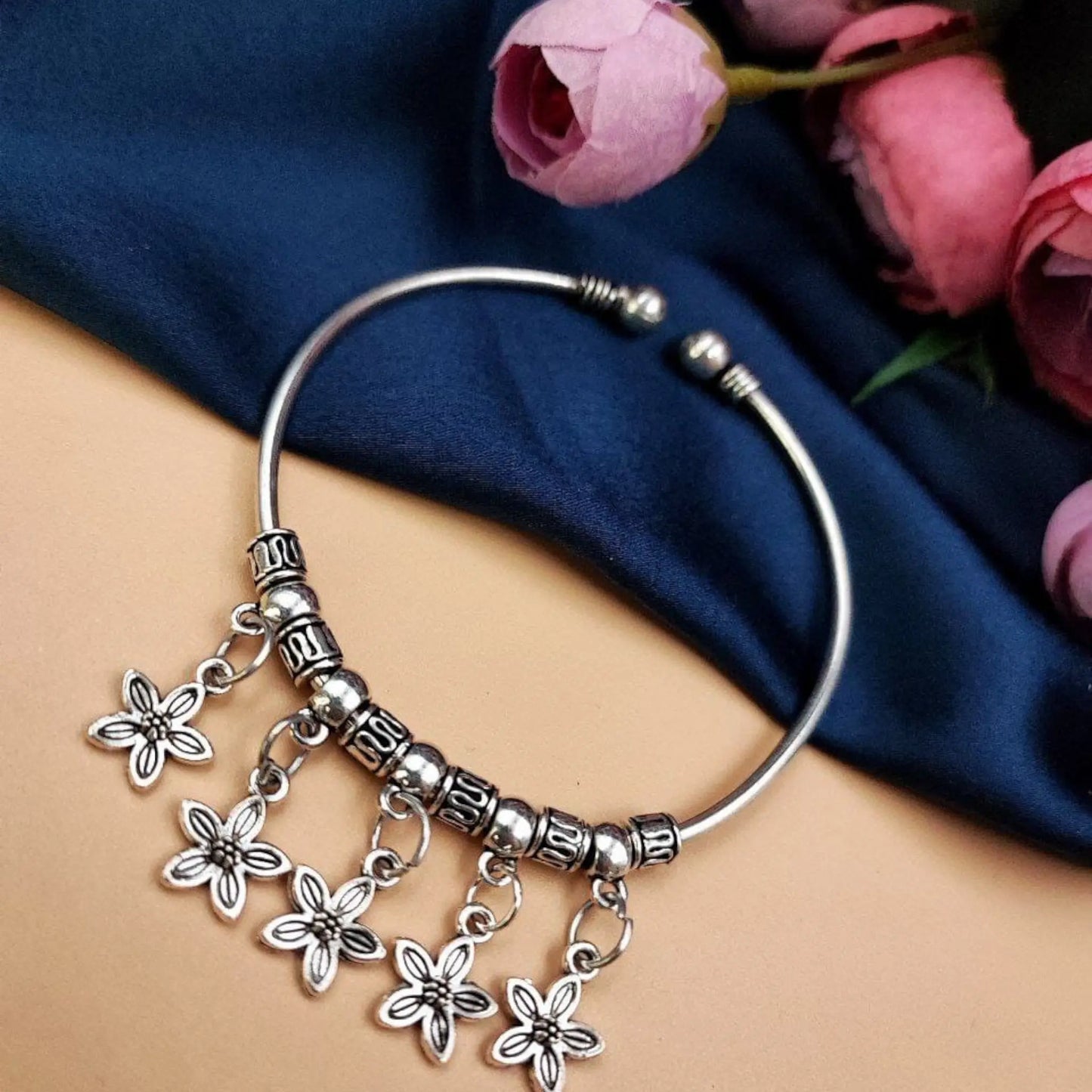 Oxidised Silver Small Flower Charm Bracelet for Women | Lightweight Ethnic Kada