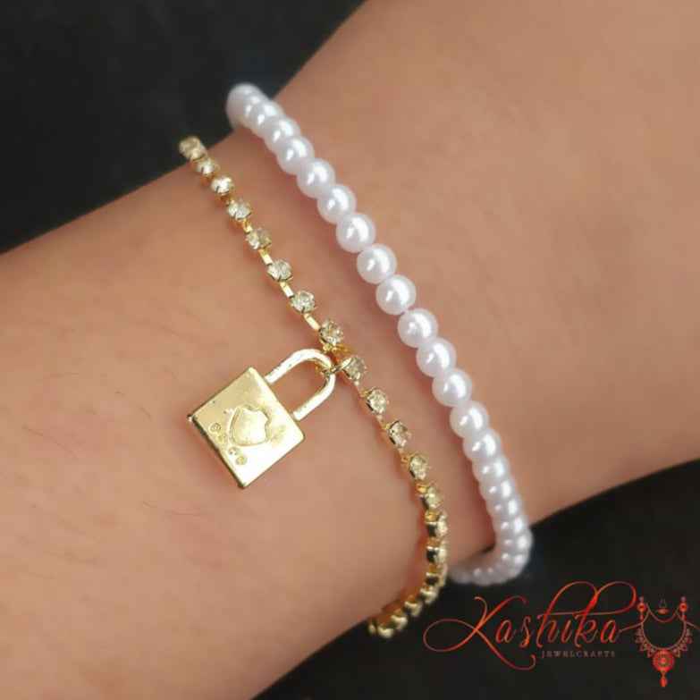 Rhinestone and pearl beaded bracelet with lock charm - Kashika JewelCrafts