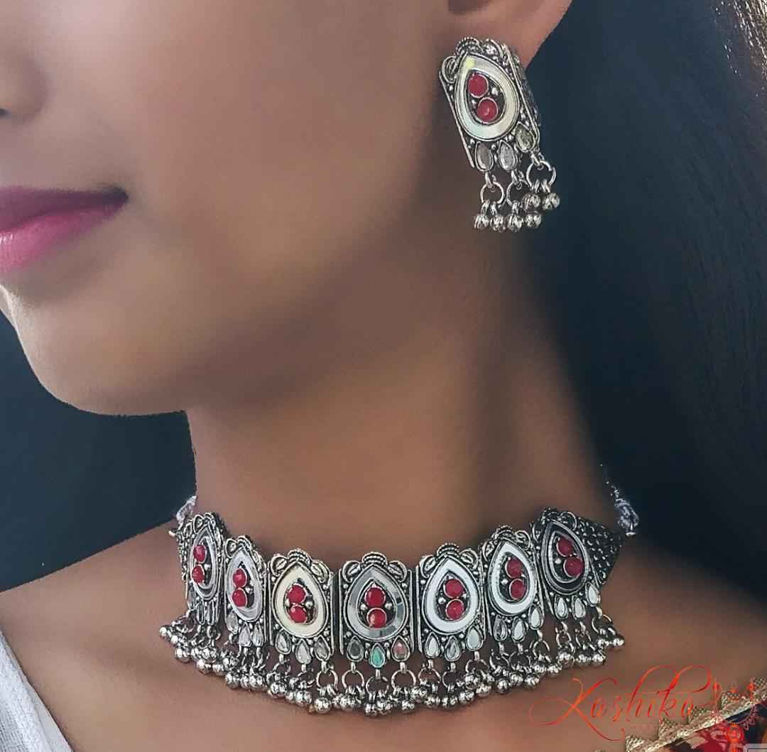 Oxidised meenakari mirror set - Kashika JewelCrafts
