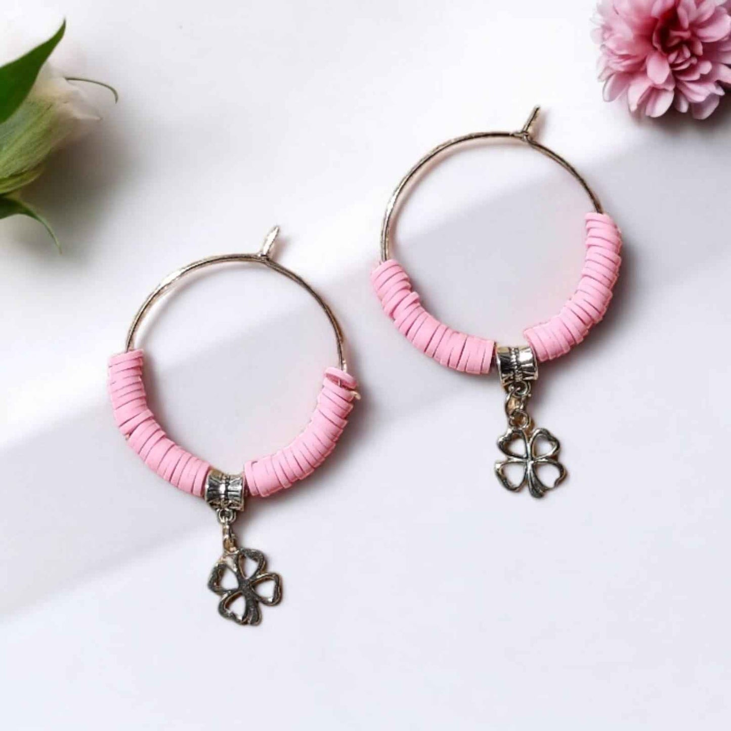 Hoop earrings with pink beads and charm - Kashika JewelCrafts