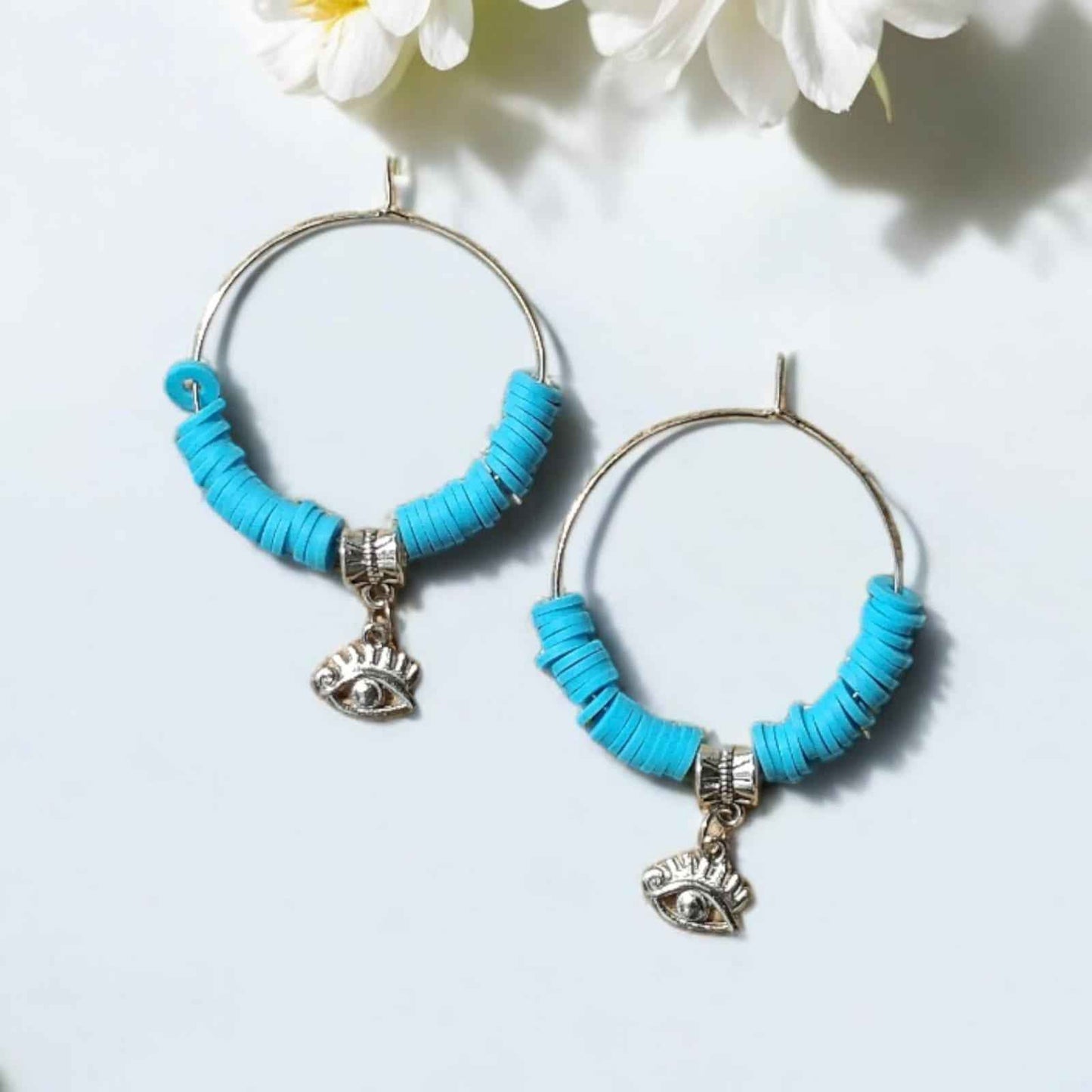 Hoop earrings with blue beads and charm of evil eye - Kashika JewelCrafts