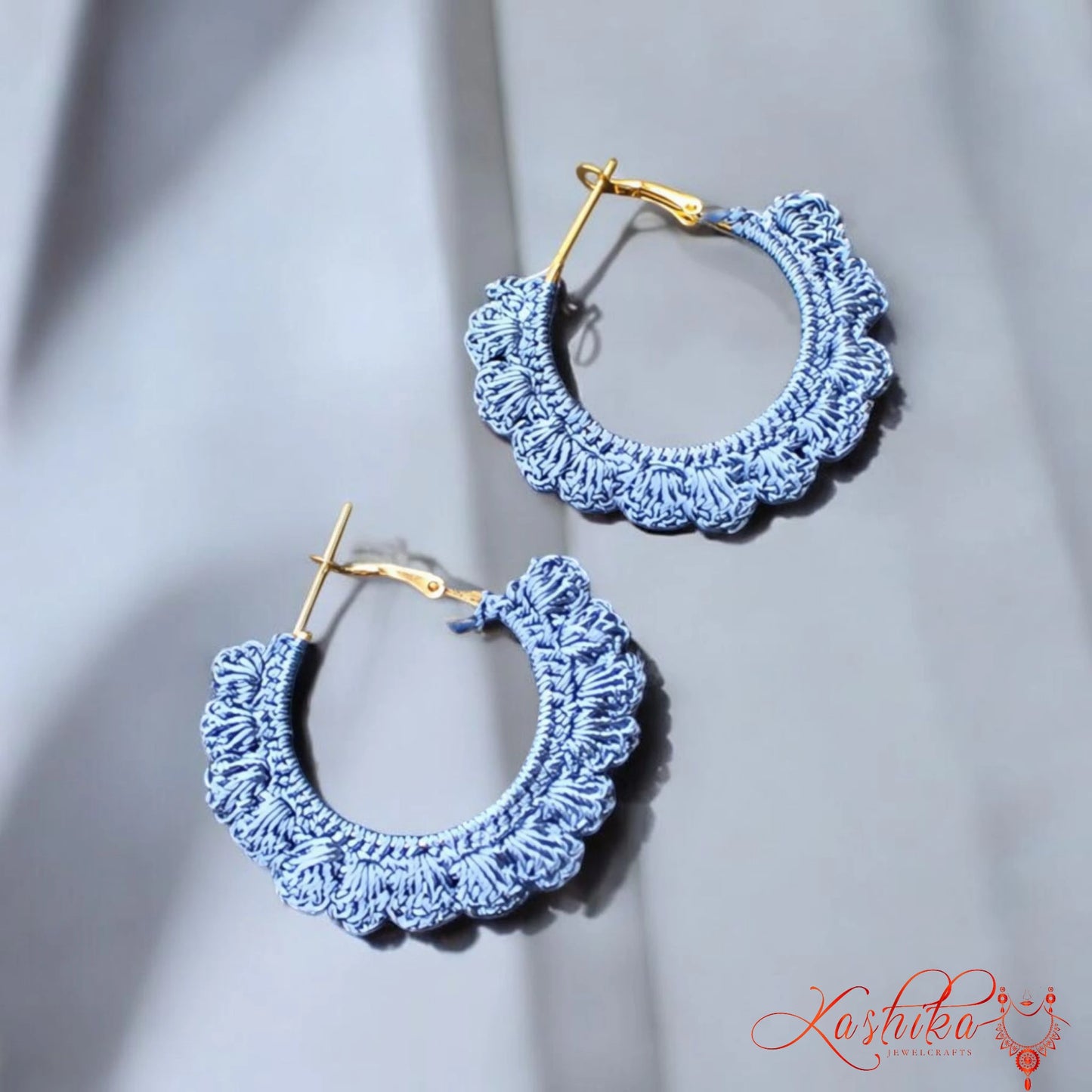 Denim Blue Flower Hoop Earrings – Handmade Floral Crochet Jewelry