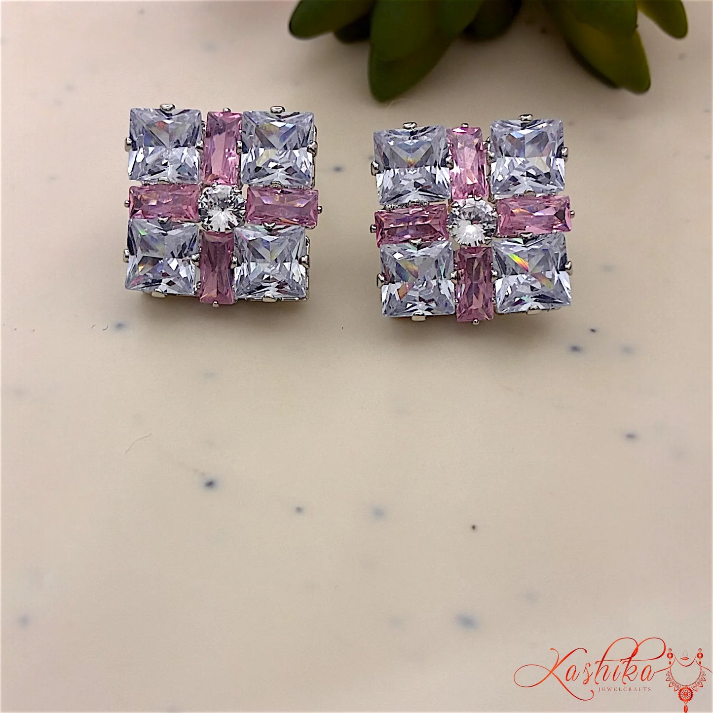 Crystal Square Stud Earrings | Elegant Silver-Tone Statement Studs