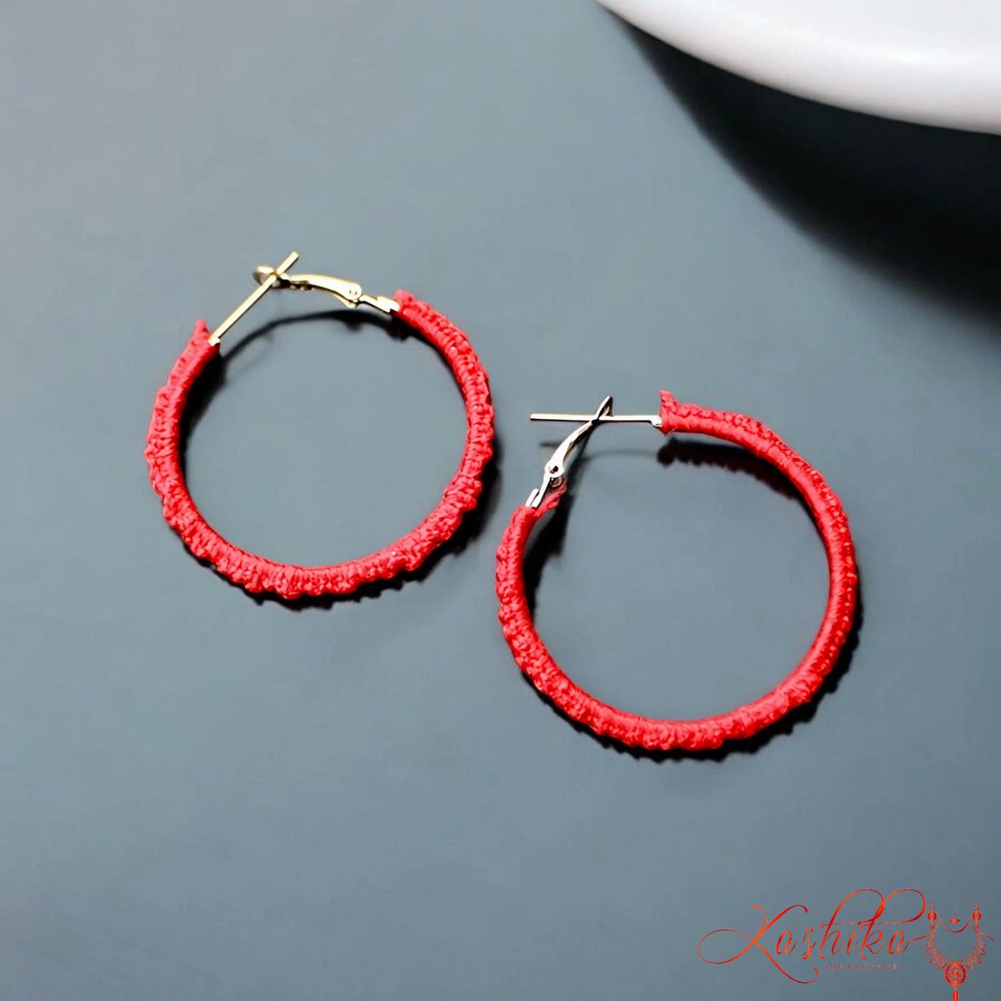 Red Round Crochet Hoop Earrings – Handmade Bold Boho Statement Jewelry
