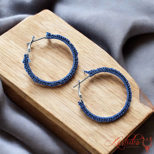 Denim Blue Round Crochet Hoop Earrings – Boho Chic Statement Jewelry - Kashika JewelCrafts