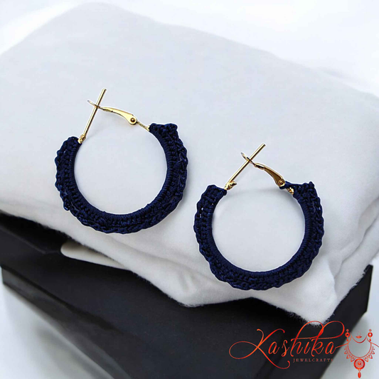Handcrafted Navy Blue Crochet Hoop Earrings – Boho Chic, Lightweight & Elegant - Kashika JewelCrafts