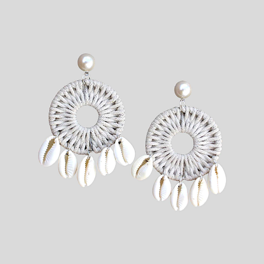 Boho Chic Shell Earrings – Handmade Woven Hoop Dangle Earrings with Pearls & Cowrie Shells - Kashika JewelCrafts