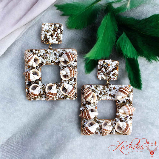 Handmade Boho Square Shell Earrings – Beaded Statement Dangle Earrings with Natural Seashells - Kashika JewelCrafts