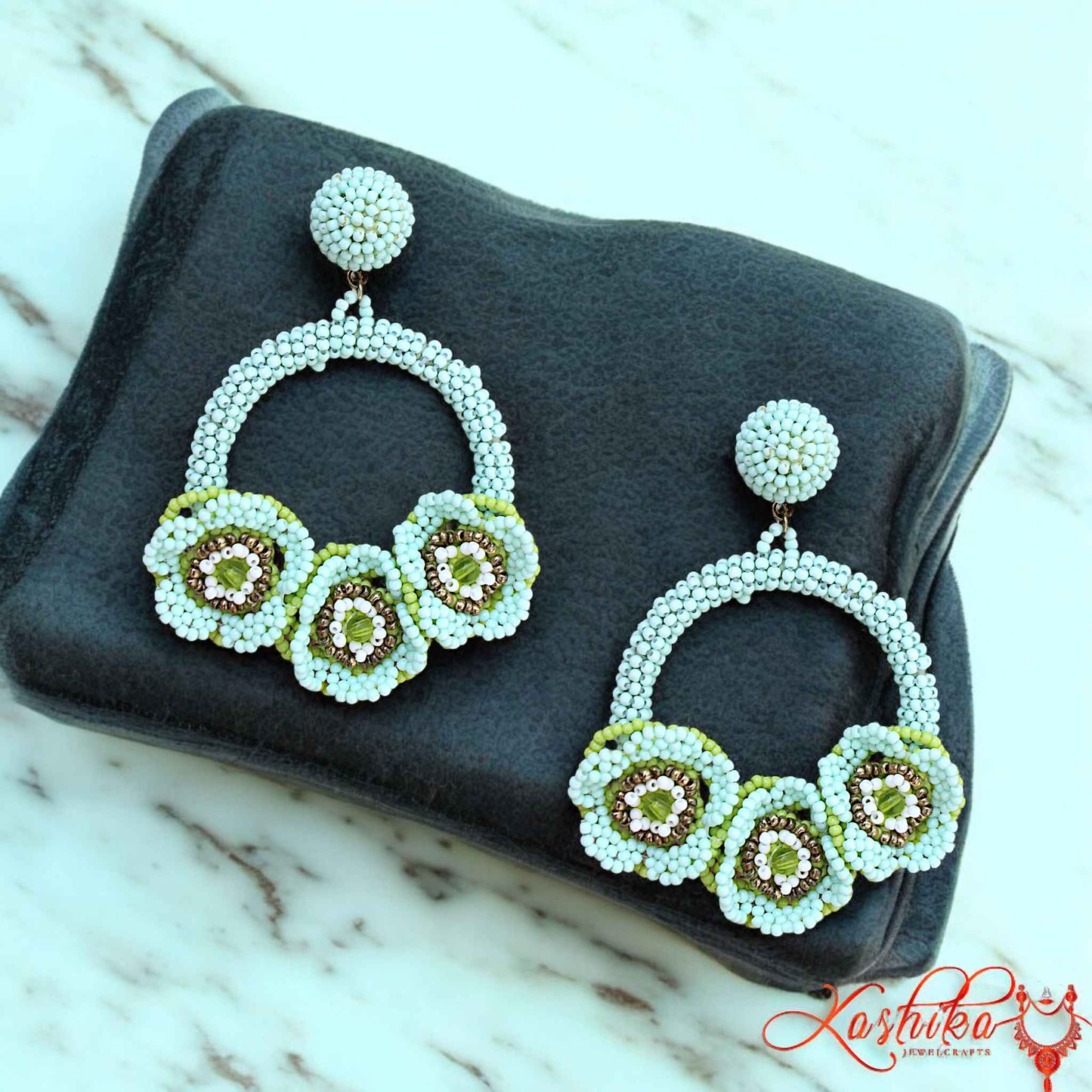 Handcrafted Mint Green Beaded Hoop Earrings – Floral Statement Jewelry - Kashika JewelCrafts