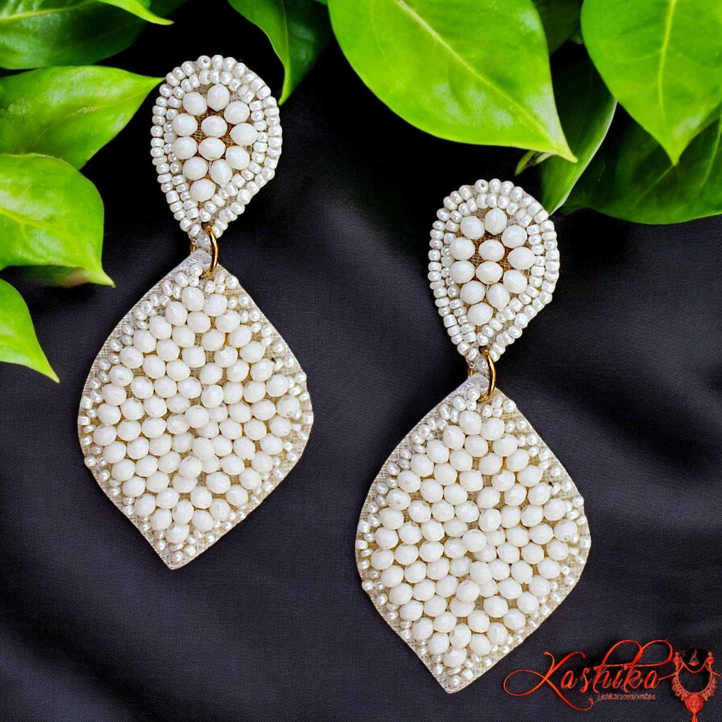 Elegant White Beaded Dangle Earrings – Handmade Statement Jewelry for Timeless Glamour - Kashika JewelCrafts