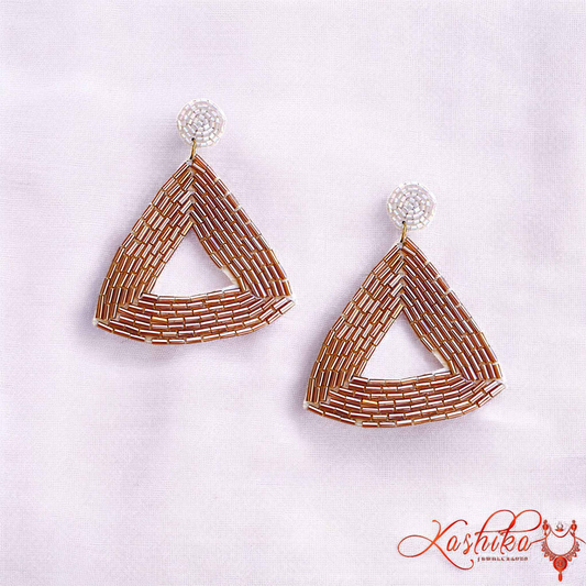 Handmade Geometric Beaded Triangle Earrings – Rose Gold & Pearl Statement Dangles - Kashika JewelCrafts