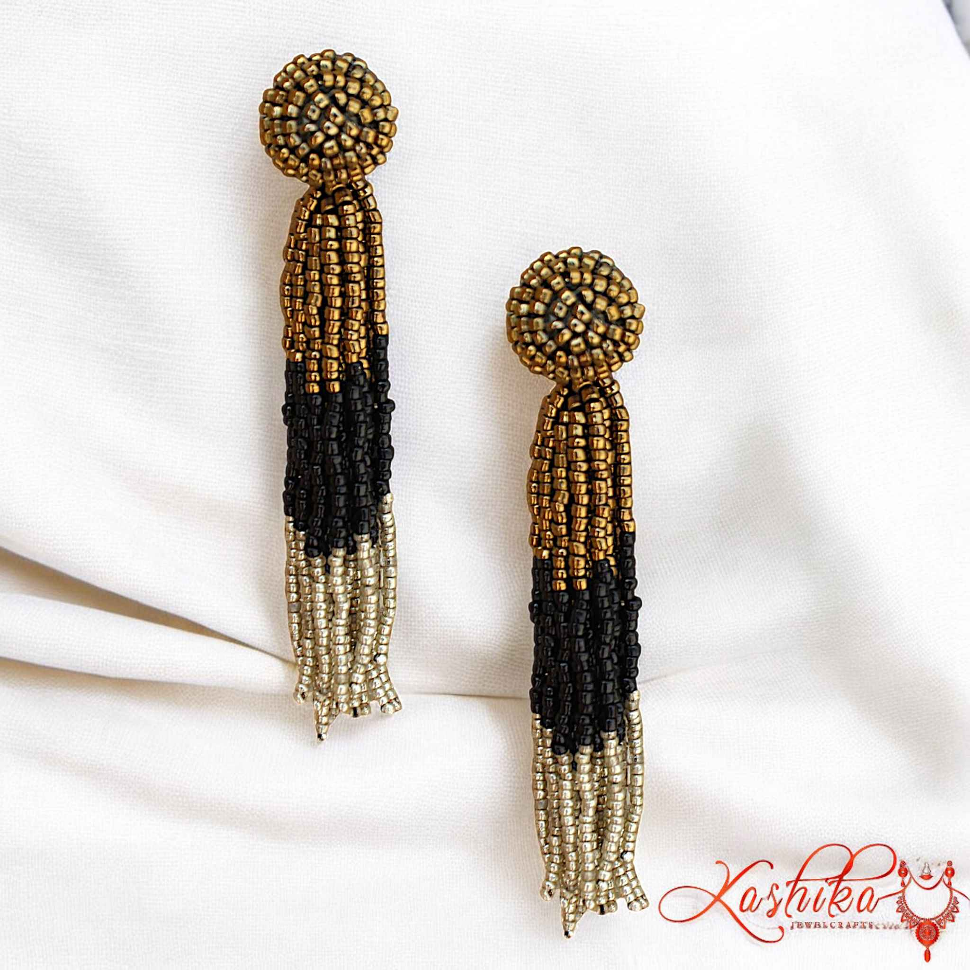 Handmade Beaded Tassel Earrings – Gold, Black & Silver Dangle Earrings for Elegant Styling - Kashika JewelCrafts