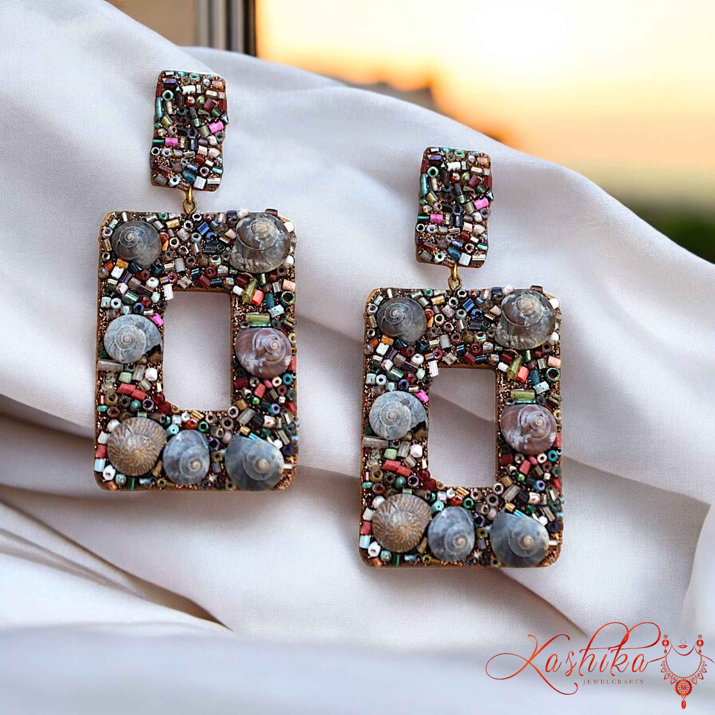 Handmade Boho Luxe Shell & Bead Statement Earrings – Artistic Rectangular Dangle Earrings - Kashika JewelCrafts