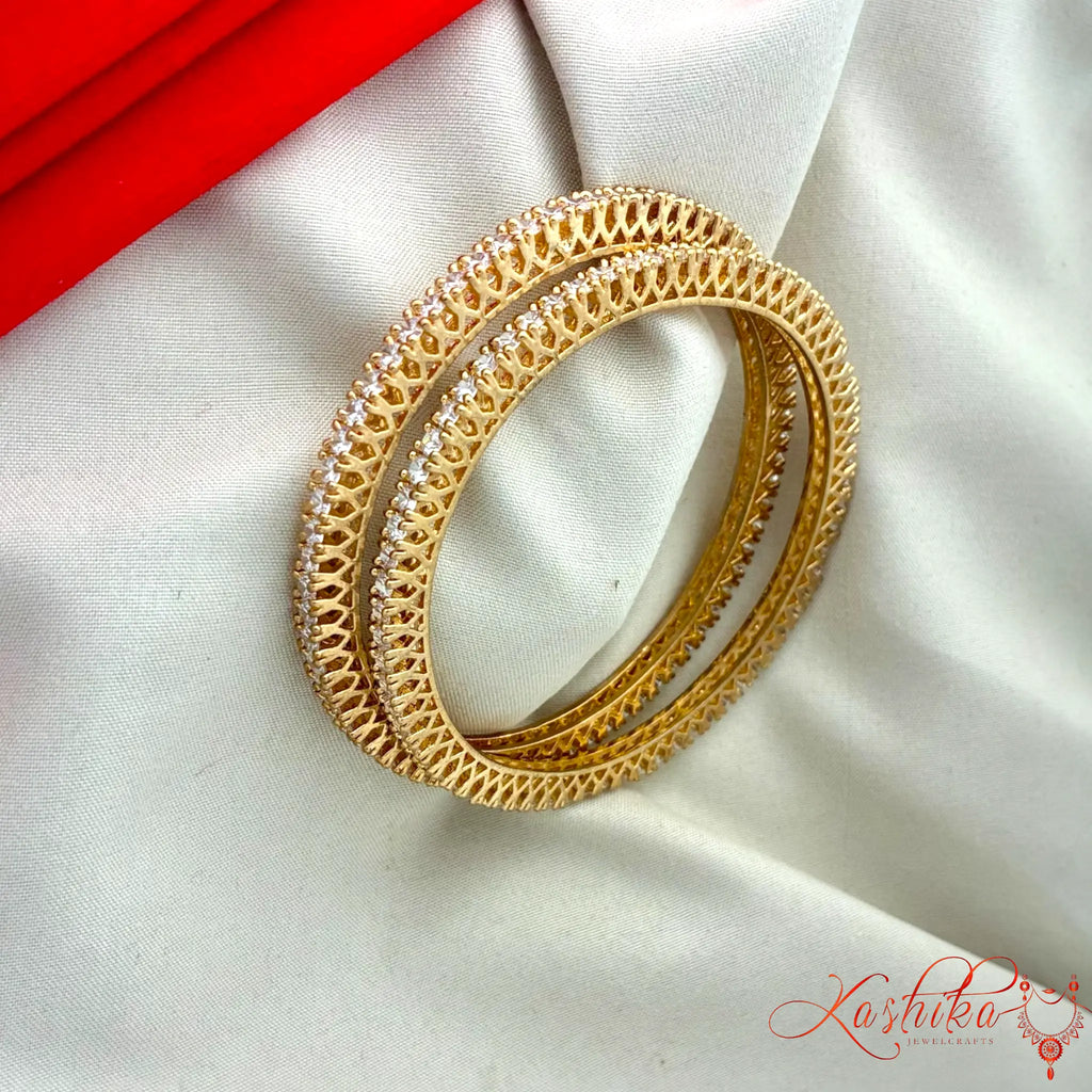 Elegant CZ Lattice Gold Plated Bangle Set for Women | Minimal Wedding & Party Wear