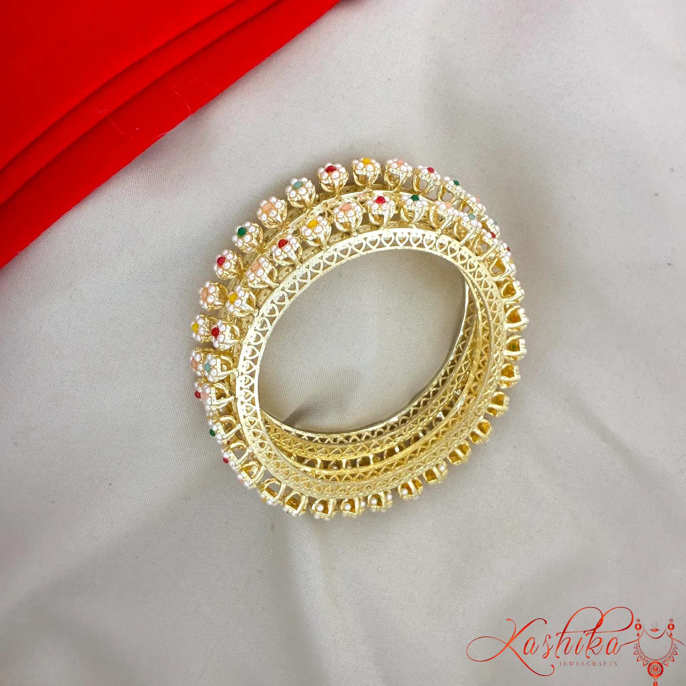 Traditional Pearl & Multicolor Stone Gold Plated Bangle Set for Women | Bridal & Festive Wear