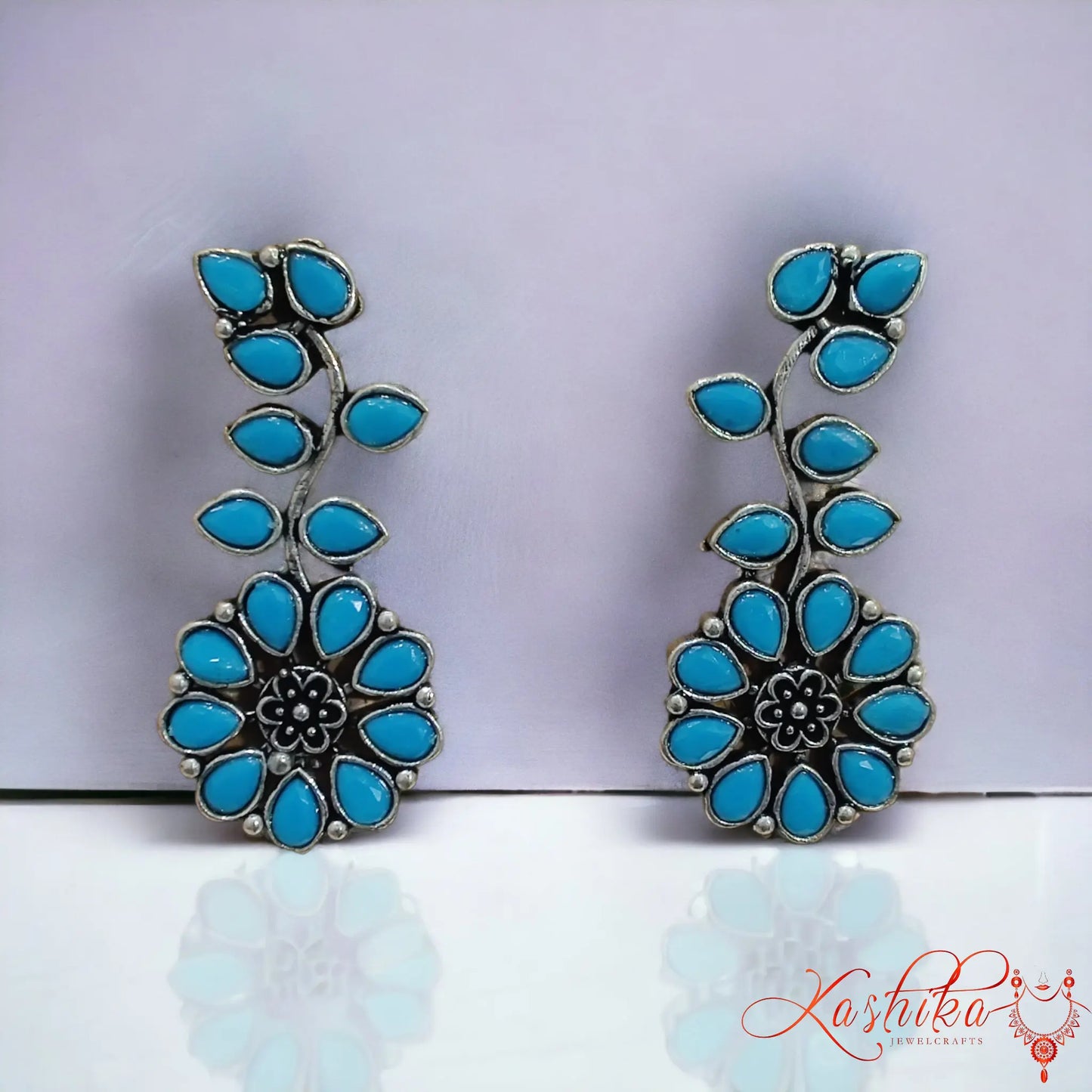 Blue Oxidised Floral Drop Earrings