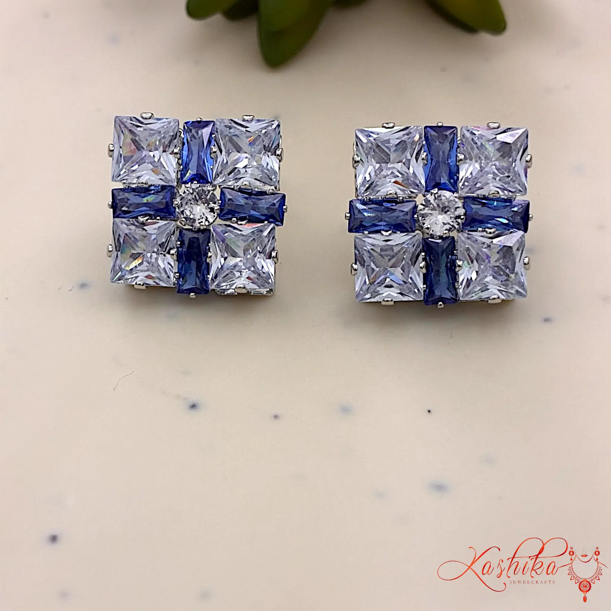 Crystal Square Stud Earrings | Elegant Silver-Tone Statement Studs
