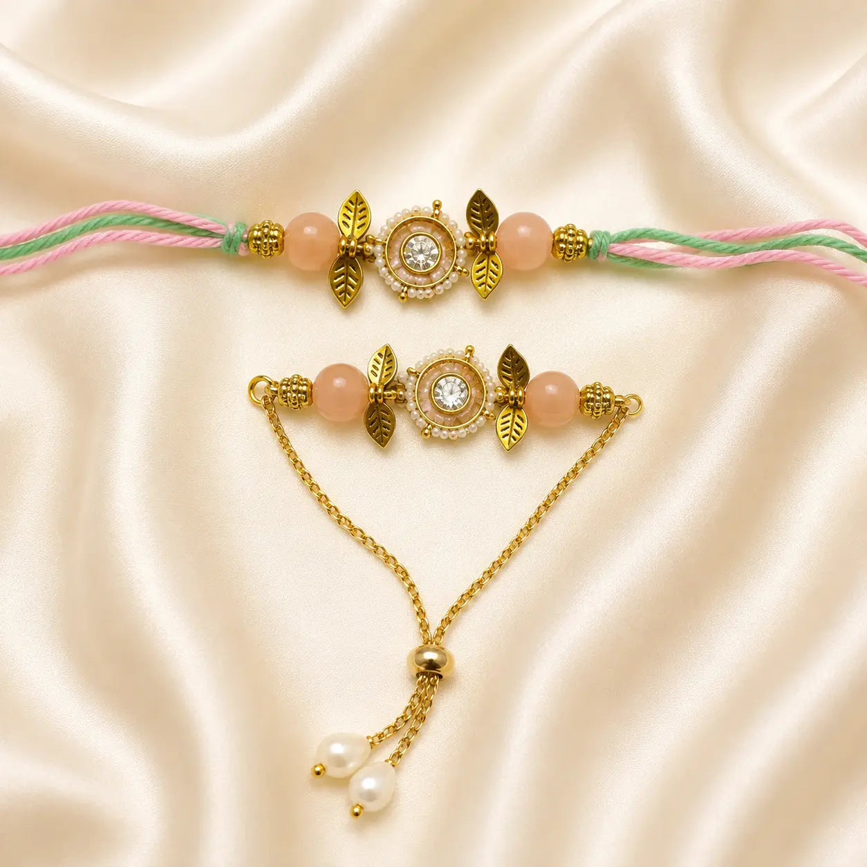 Peach Floral Pearl Rakhi & Bracelet Set