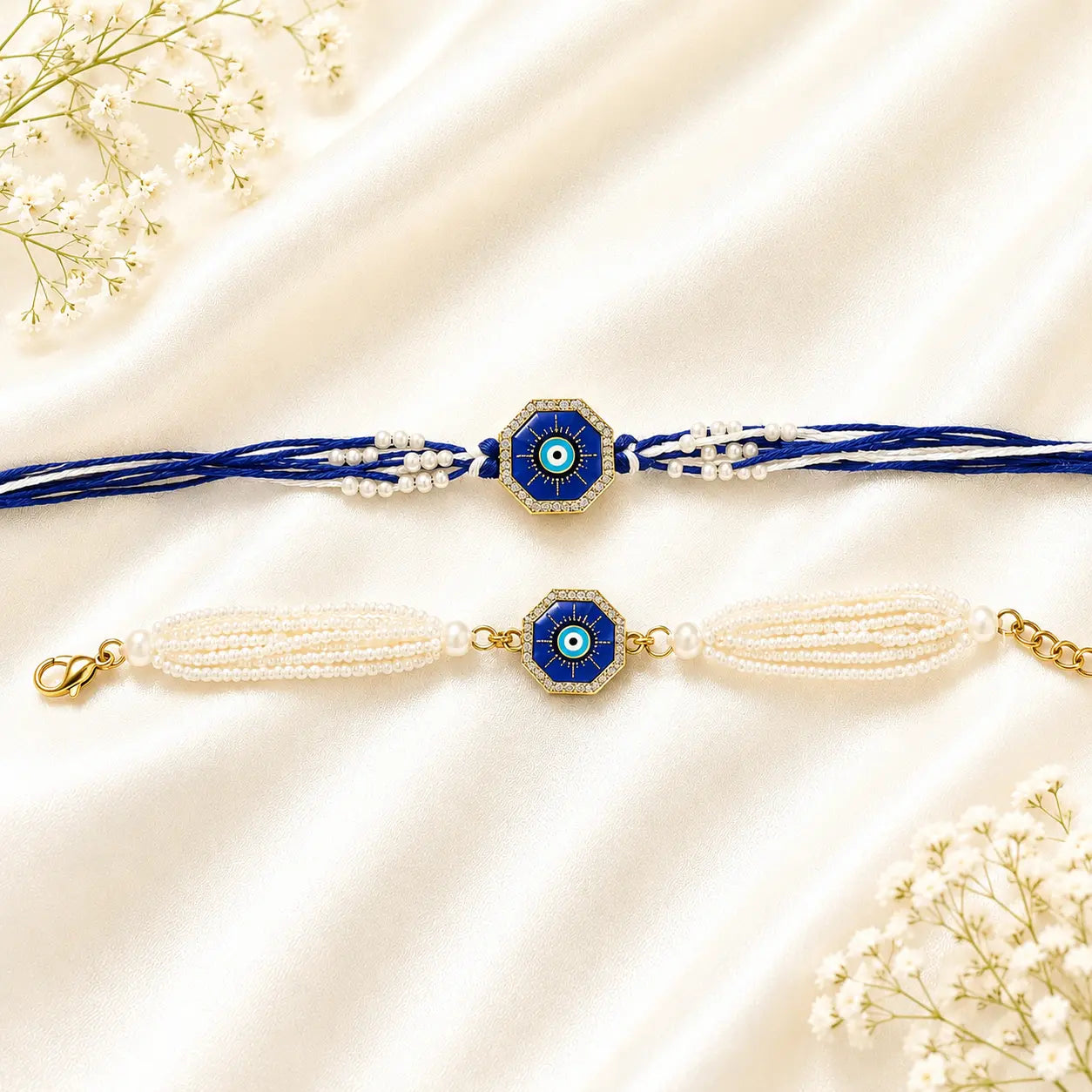 Evil Eye Pearl Rakhi & Bracelet Set