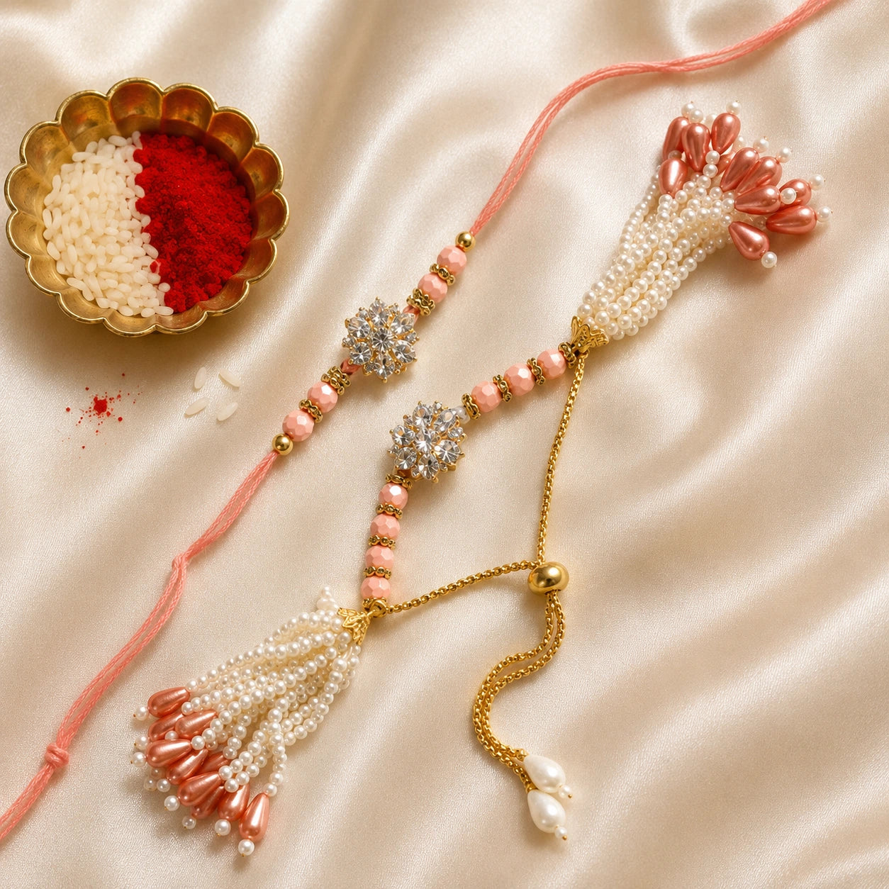 Pastel Pink Crystal Floral Bhai Bhabhi Rakhi Set with Pearl Tassel Lumba, Handmade Designer Raksha Bandhan Rakhi by Kashika JewelCrafts