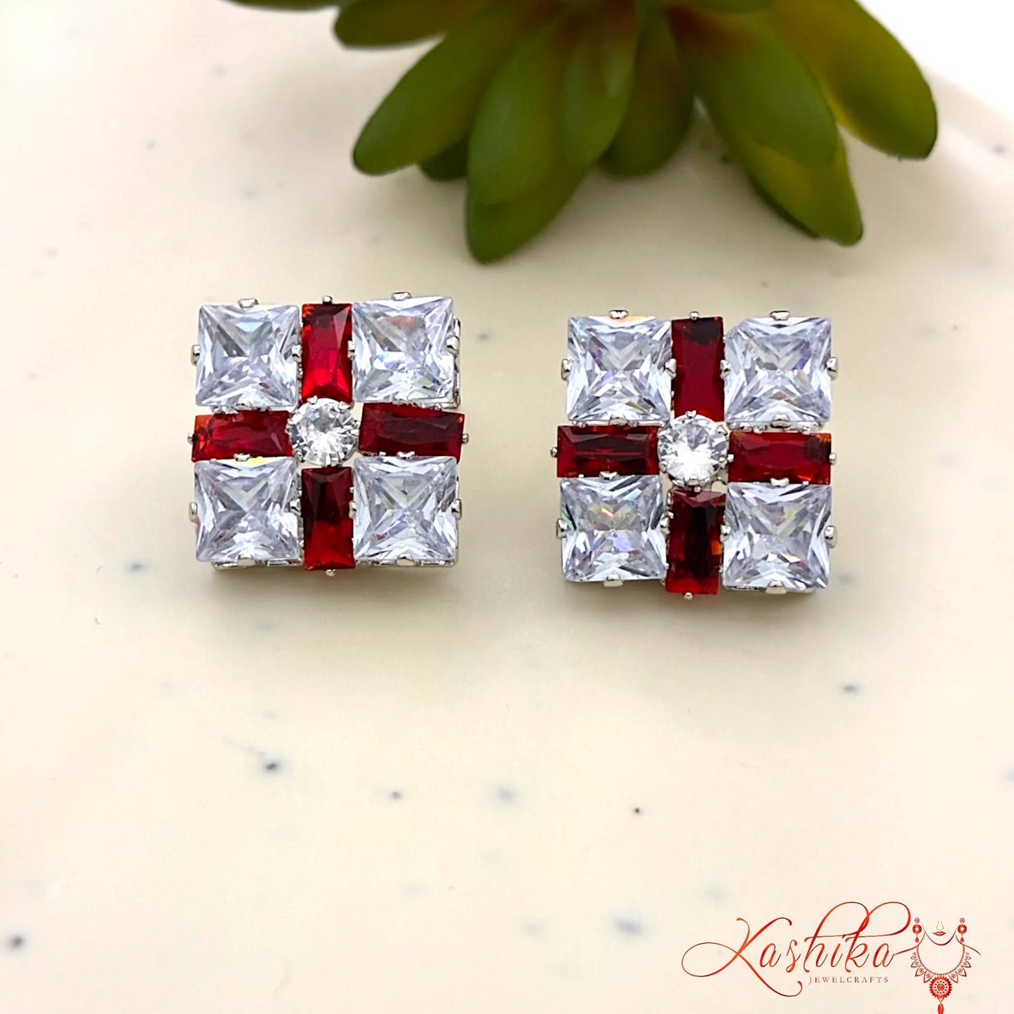 Crystal Square Stud Earrings | Elegant Silver-Tone Statement Studs