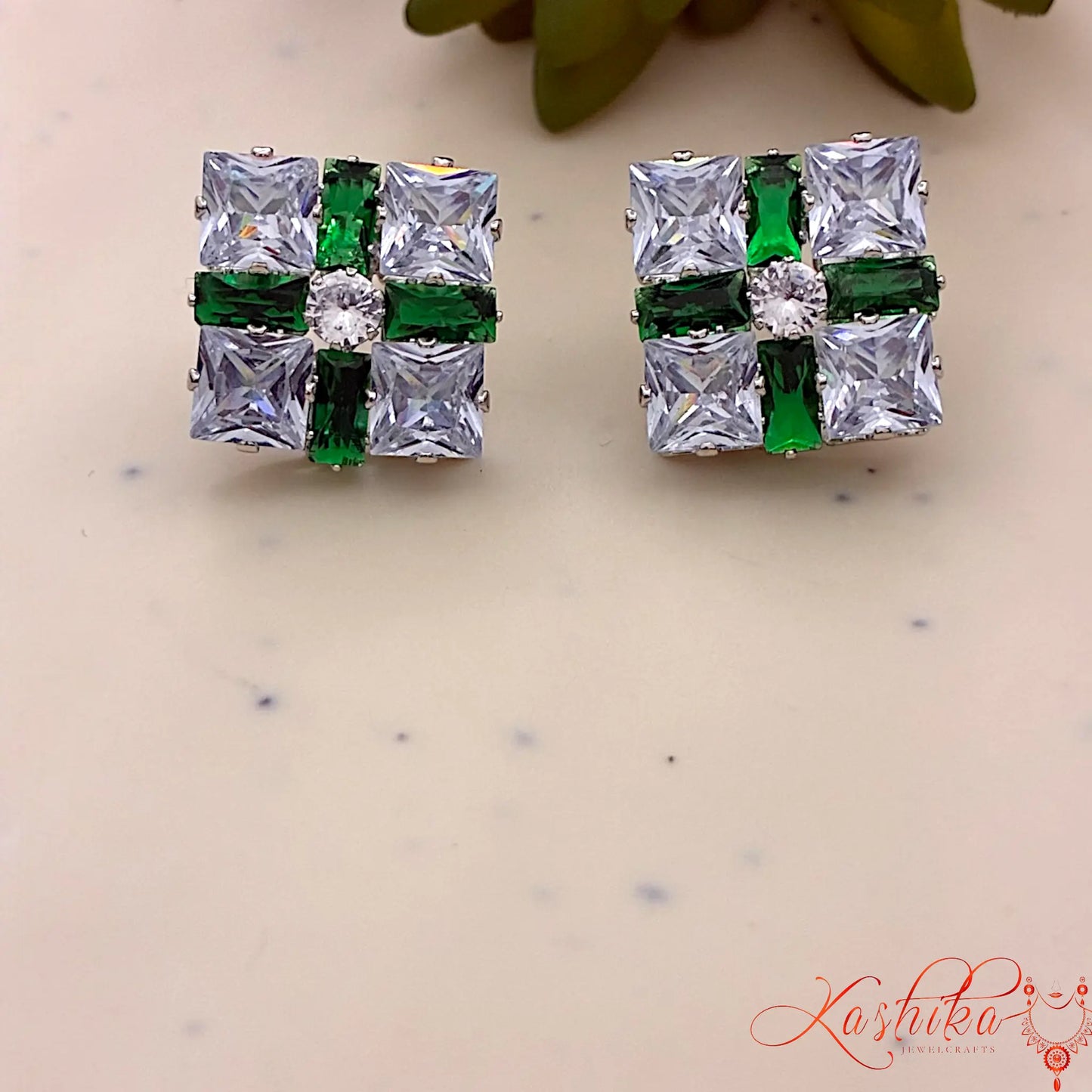 Crystal Square Stud Earrings | Elegant Silver-Tone Statement Studs