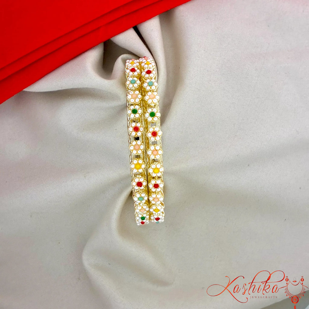 Traditional Pearl & Multicolor Stone Gold Plated Bangle Set for Women | Bridal & Festive Wear