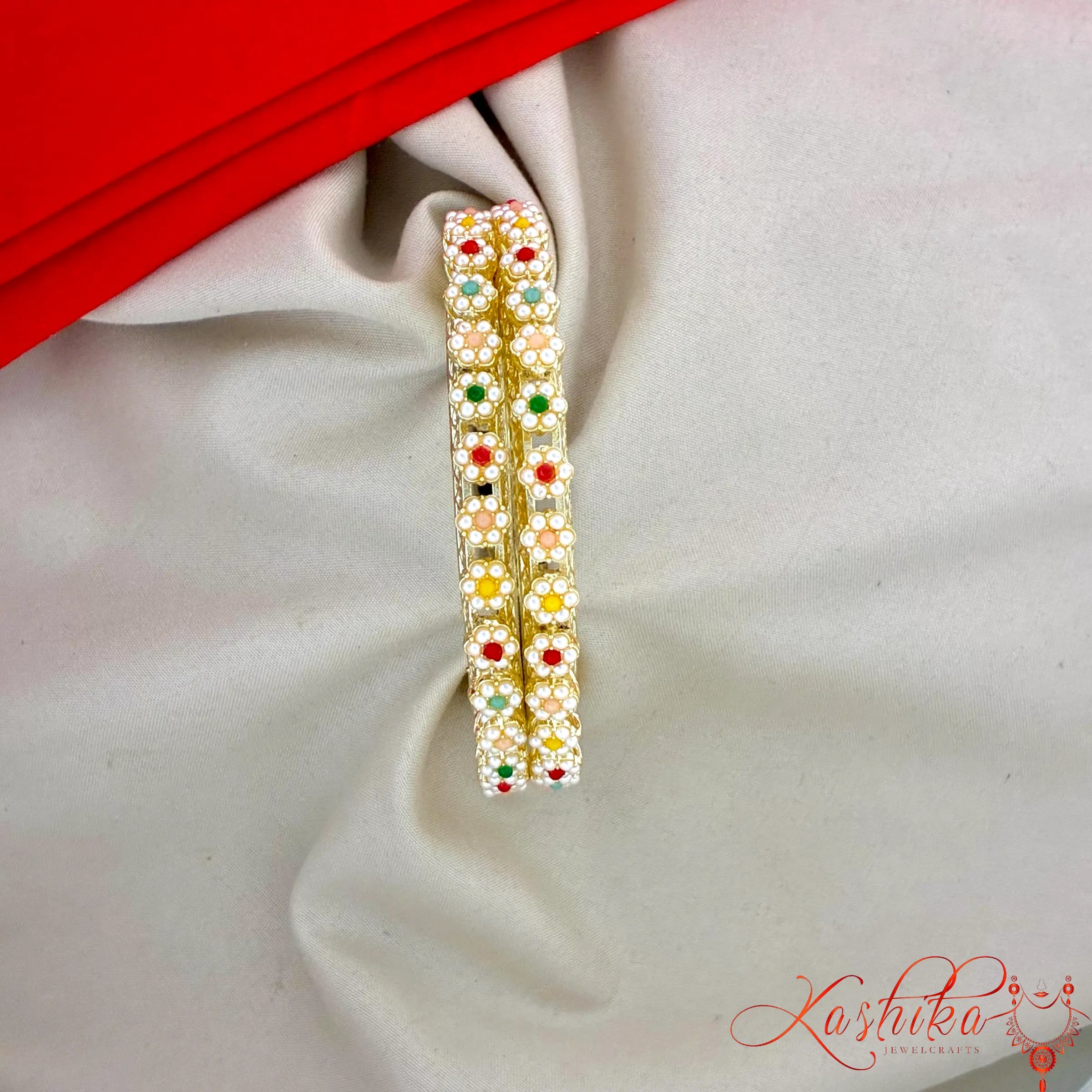 Traditional Pearl & Multicolor Stone Gold Plated Bangle Set for Women | Bridal & Festive Wear