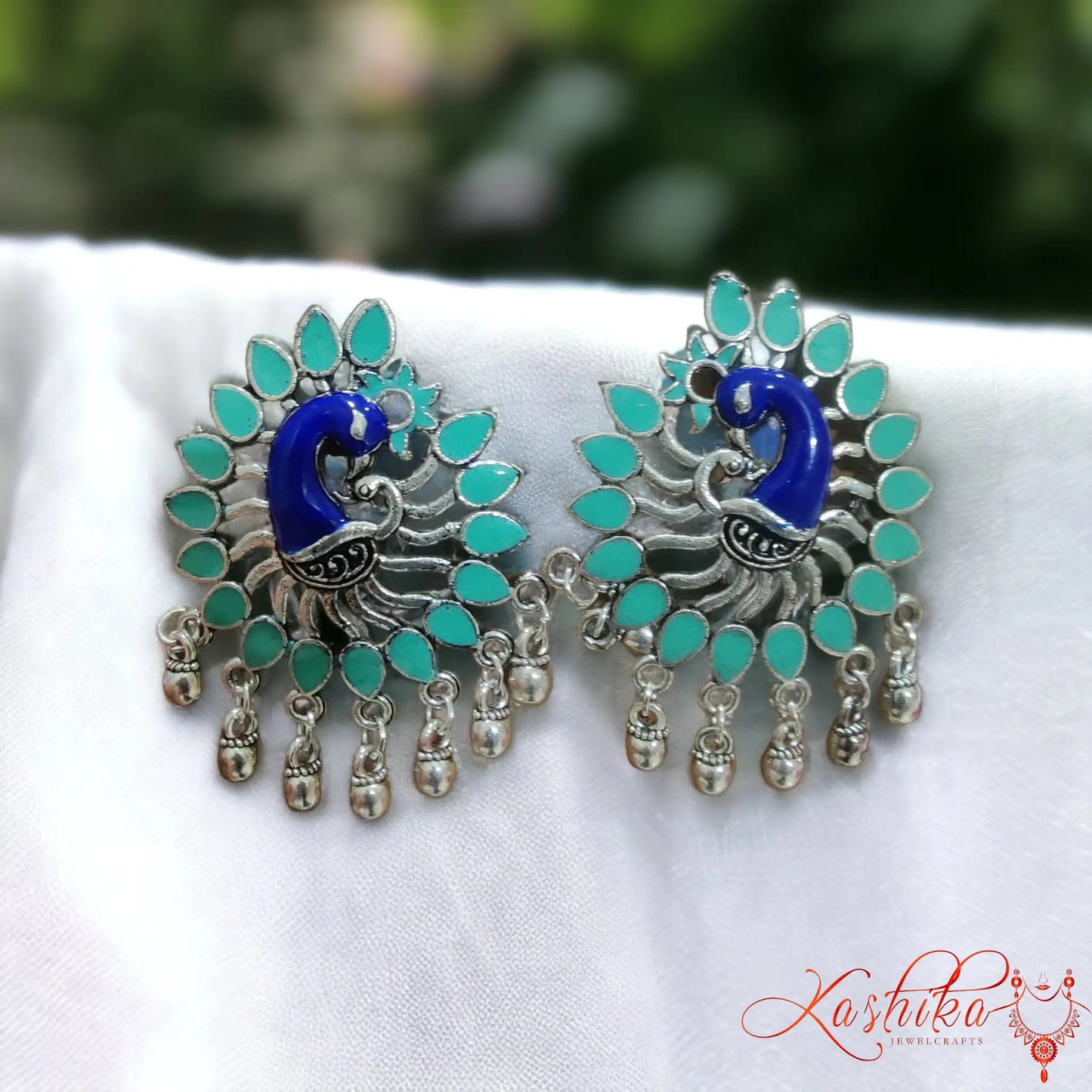 Green Peacock Oxidised Statement Earrings