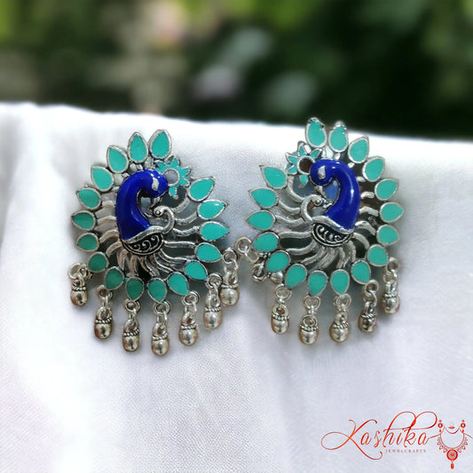 Green Peacock Oxidised Statement Earrings