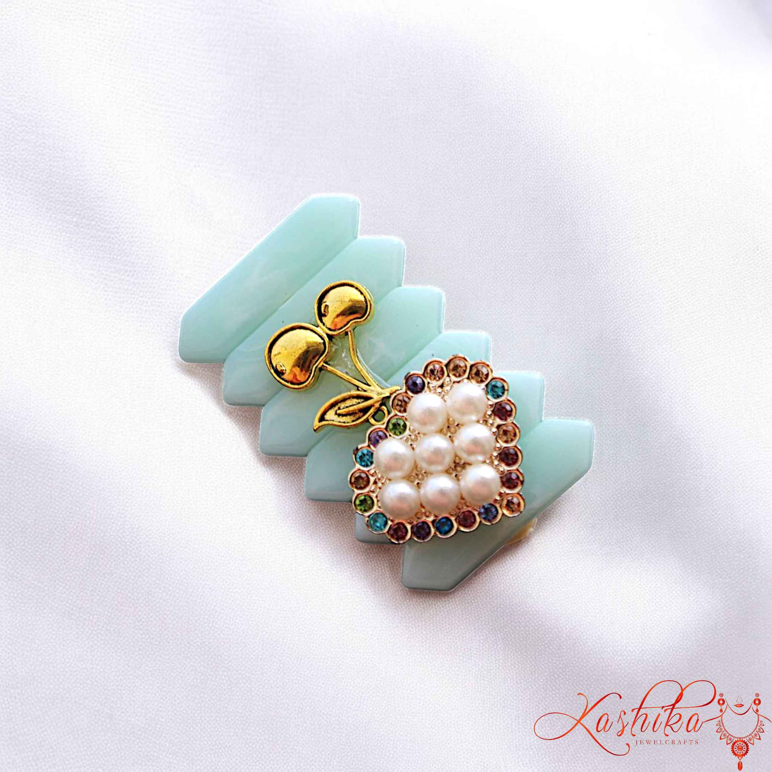 Elegant Blue Pastel Saree Pin with Pearls & Stones – Stylish Ethnic Jewelry for Women - Kashika JewelCrafts