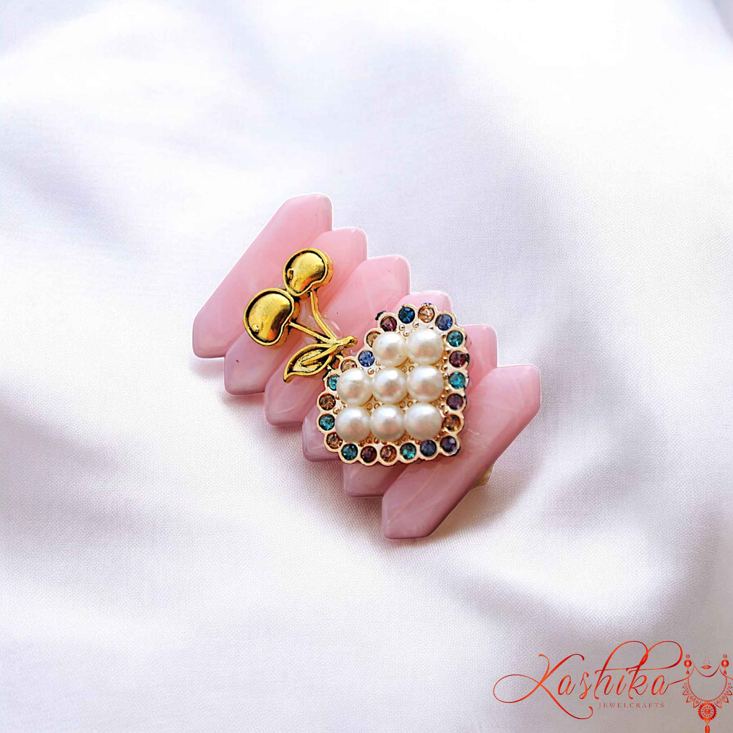 Elegant Pink Pastel Saree Pin with Pearls & Stones – Stylish Ethnic Jewelry for Women - Kashika JewelCrafts