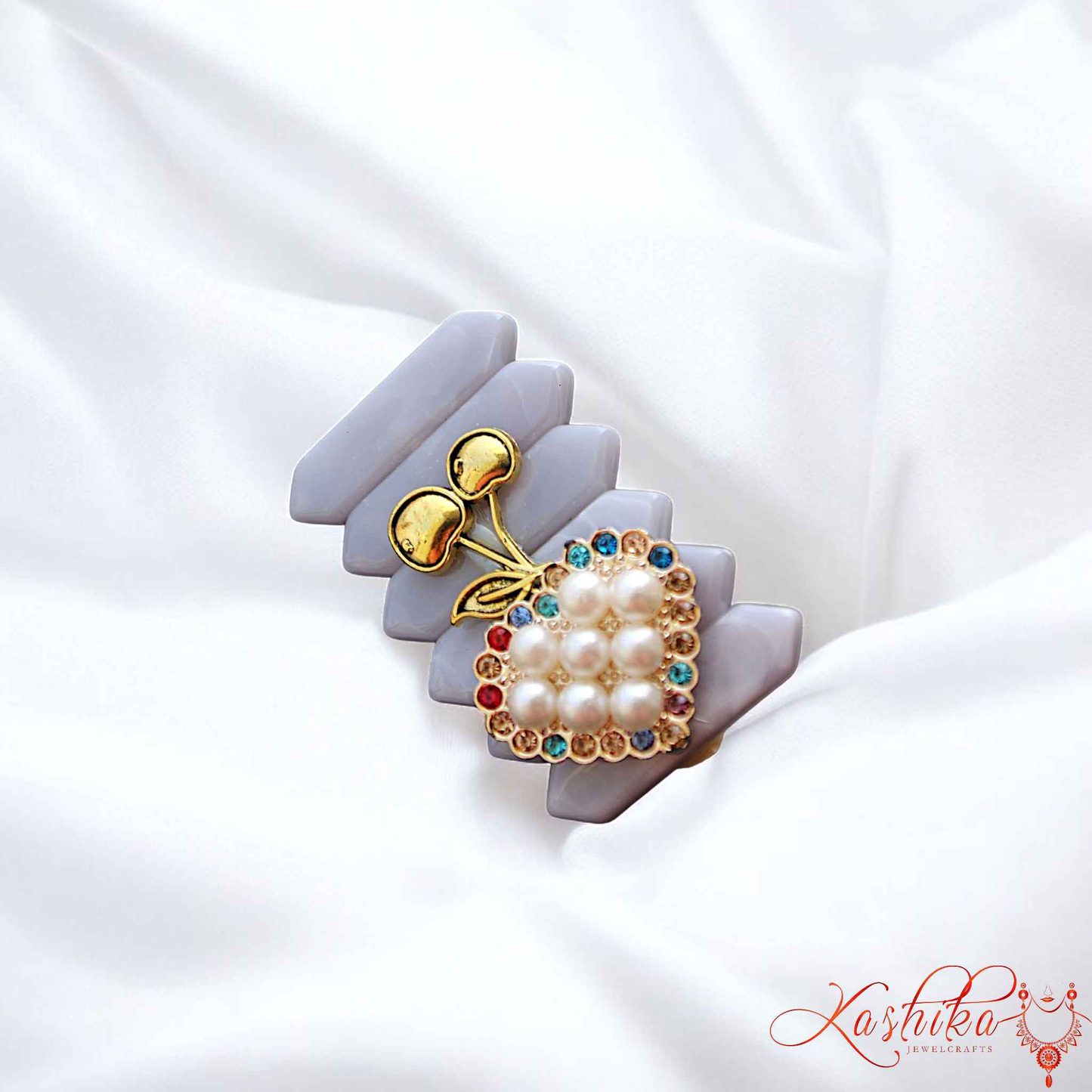Elegant Grey Pastel Saree Pin with Pearls & Stones – Stylish Ethnic Jewelry for Women - Kashika JewelCrafts