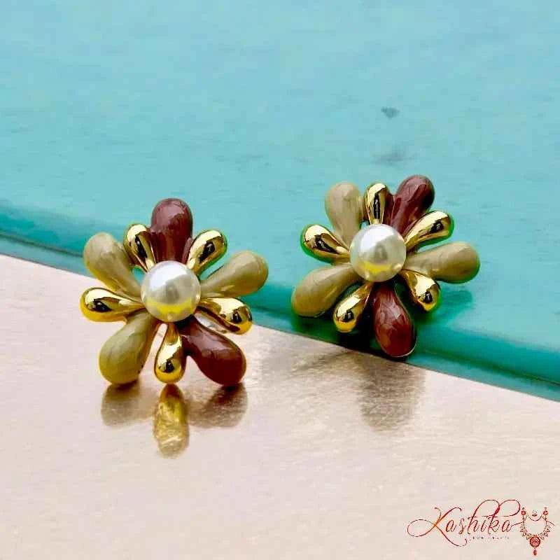Floral Pearl Stud Earrings – Gold-Plated Daisy Design - Kashika JewelCrafts